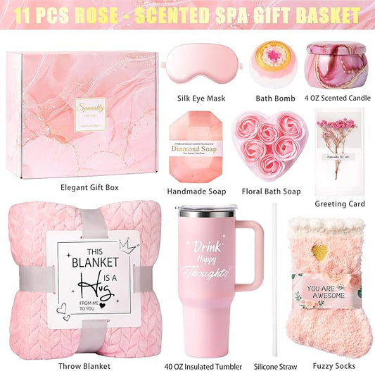 Birthday Gifts for Women Self Care Get Well Soon Gift Baskets, Relaxing Spa Gift Set for Christmas W/Flannel Blanket & 40 OZ Tumbler for Mom Wife Grandma Her Sister Girlfriend, Valentines Mother's Day