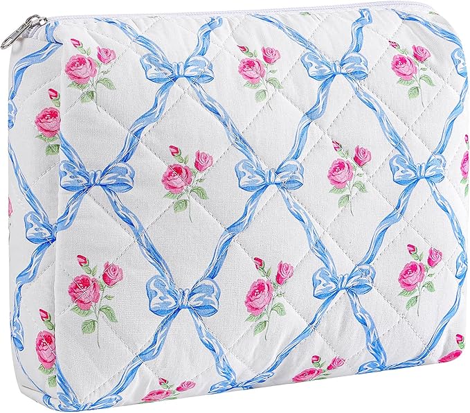 Makeup Bag Travel Cosmetic Bag for Women Girls, Zipper Make Up Pouch, Floral Flowers Toiletry Organizer Makeup, Portable Storage Cosmetic Travel Cloth Bag (L/Blue Bowknot)