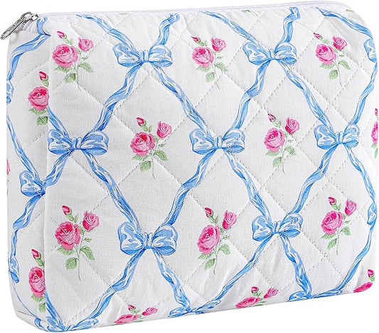 Makeup Bag Travel Cosmetic Bag for Women Girls, Zipper Make Up Pouch, Floral Flowers Toiletry Organizer Makeup, Portable Storage Cosmetic Travel Cloth Bag (L/Blue Bowknot)