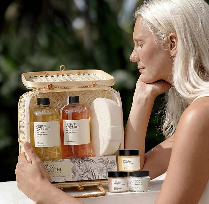 COBA’S DAUGHTER Luxury Spa Gift Set – 7-Piece Bath & Body Set with Rattan Case, Body Wash, Bubble Bath & Scrub – Premium Holiday, Birthday, housewarming, bridal shower & Self-Care Gift