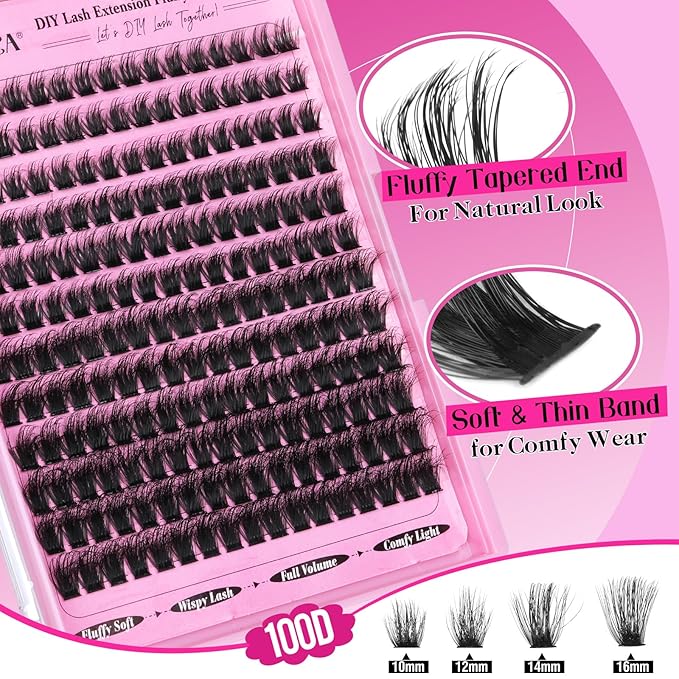 Yawamica Cluster Eyelash Extensions Fluffier 10-16mm Wispy Lash Clusters 100D Thick Volume Individual Lashes D Curly Eyelash Clusters 240pcs DIY Lash Extension at Home for Beginners