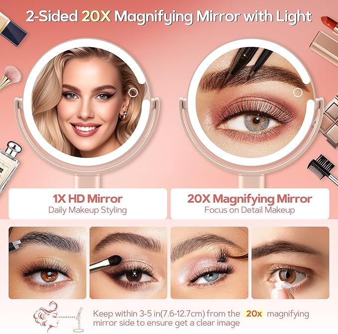 B Beauty Planet Makeup Mirror with Lights, Lighted Magnifying Mirror 20X with 3 Lighting and Adjustable Brightness, 2-Sided Height Adjustable Vanity Mirror for Bathroom, Gifts for Women Pink