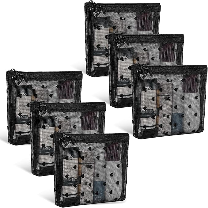 6 Pack Mini Zipper Mesh Makeup Bags, Heart Print Nylon Cosmetic Bags Toiletry Bags for Office Travel Organization (Widened-Black, XS)