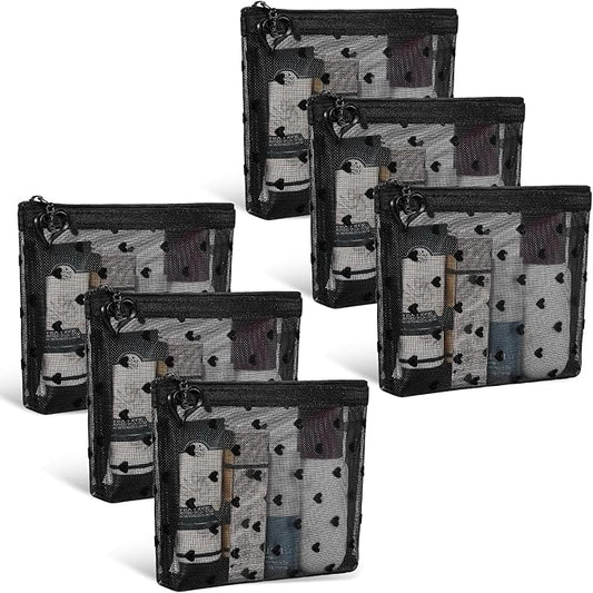 6 Pack Mini Zipper Mesh Makeup Bags, Heart Print Nylon Cosmetic Bags Toiletry Bags for Office Travel Organization (Widened-Black, XS)