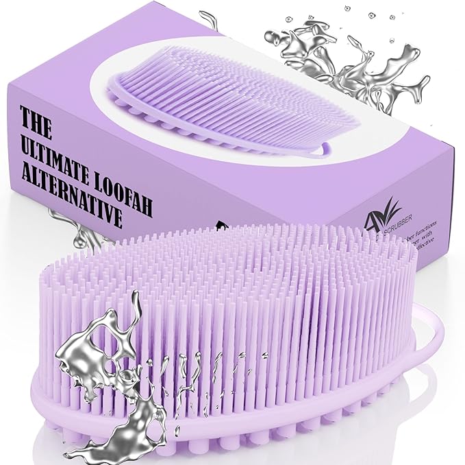 Avilana Silicone Body Scrubber – Dual-Sided Exfoliator for Men & Women, Gentle Loofah Alternative, Easy-to-Clean Silicone Shower Scrubber (Lavender with Silver)
