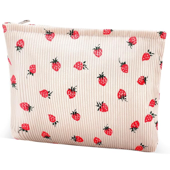 Makeup Bag for Women Large Corduroy Cosmetic Bags Travel Pouch for Purse Zipper Toiletry Bags Organizer Y2K Cute Aesthetic Trendy Makeup Brushes Storage Bag Travel Essential (Beige Strawberry)