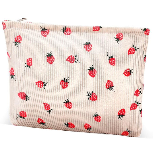 Makeup Bag for Women Large Corduroy Cosmetic Bags Travel Pouch for Purse Zipper Toiletry Bags Organizer Y2K Cute Aesthetic Trendy Makeup Brushes Storage Bag Travel Essential (Beige Strawberry)