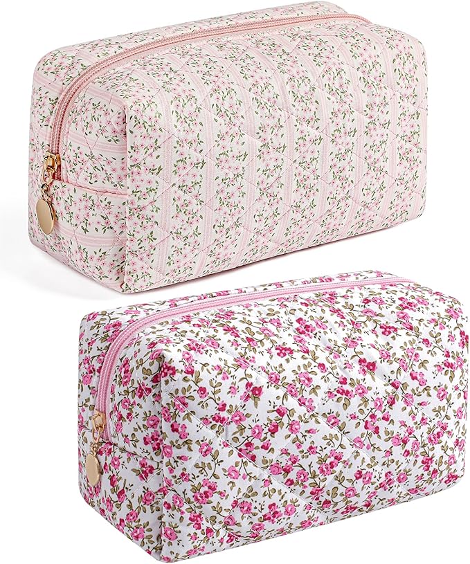 Makeup Bag Travel Cosmetic Bag for Women Girls, Zipper Make Up Pouch, Floral Flowers Toiletry Organizer Makeup, Portable Storage Cosmetic Travel Cloth Bag (Pink+Flower-Pink)