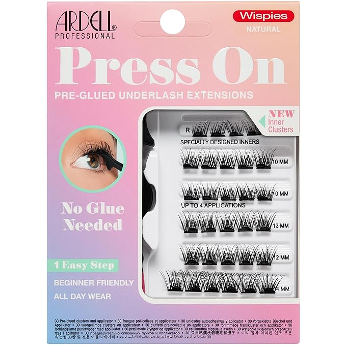 Ardell Press On Pre-Glued Eyelash Extension with Applicator - Wispies Natural, Customizable DIY Lash Clusters, Beginner Friendly Individual Lashes, 30 Count