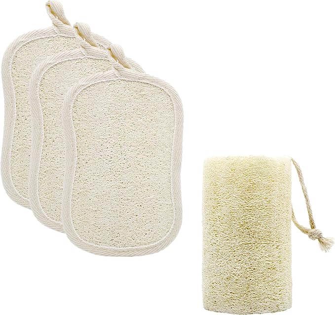 Earth & I Luxury Loofah Pack 4ct: 1 Natural Loofa Plant & 3 Dual-Sided Organic Loofah Pads - Bath & Shower exfoliator for Body & face, Body scrubbers, Travel loofah Bulk, lofas, luffa, loufa, lufas