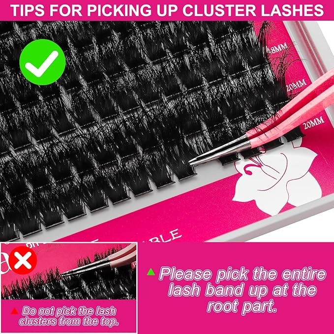Lash Clusters Kit Fluffy 200D Individual Lashes D Curl Cluster Eyelash Extensions 10-18mm DIY Lash Extension Kit Lash Bond and Seal Waterproof, Lash Applicator, Thick False Eyelashes Kit
