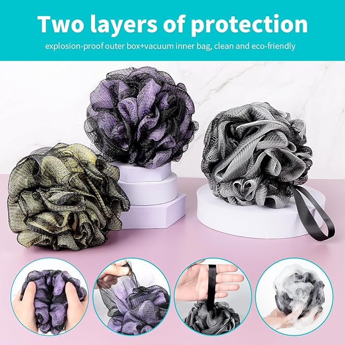 Bath Loofah Shower Sponge Body Back Scrubber Soft Mesh Shower Puffs Exfoliating Loofa for Women & Men Bath Accessories Cleaning Tool (Pack of 4 60G Loofah, Dark Elf)