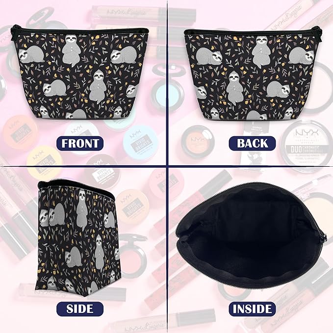 Makeup Bag for Purse, Waterproof Funny Cute Baby Sloths Leaves Cosmetic Bag for Women, Zipper Travel Toiletry Gift 9.5×5.9 Inch