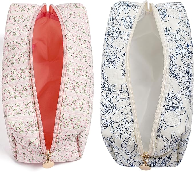 Makeup Bag Travel Cosmetic Bag for Women Girls, Zipper Make Up Pouch, Floral Flowers Toiletry Organizer Makeup, Portable Storage Bag, Cosmetic Travel Cloth Bag (Pink+Navy Blue Flower)