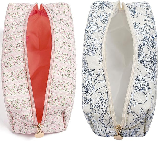 Makeup Bag Travel Cosmetic Bag for Women Girls, Zipper Make Up Pouch, Floral Flowers Toiletry Organizer Makeup, Portable Storage Bag, Cosmetic Travel Cloth Bag (Pink+Navy Blue Flower)