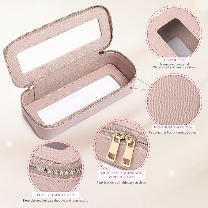 Makeup Brush Case Clear Travel Cosmetic & Toiletry Bag Small Makeup Bag with Zipper Purse Organizer Car Essential Bag for Women (Pink, SLIM)