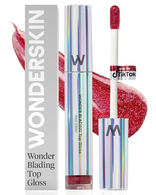 Wonderskin WONDER BLADING Top Gloss - Red Glitter Lip Gloss, Hydrating and High Shine Finish Lip Makeup (Red Glitter)