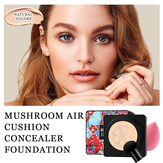 3PCS Mushroom Head Air Cushion CC Cream Foundation,Moisturizing BB Cream Foundation Makeup,Waterproof Full Coverage Foundation,Moisture Cushion CC Cream Concealer with 3 Makeup Sponges(Natural)