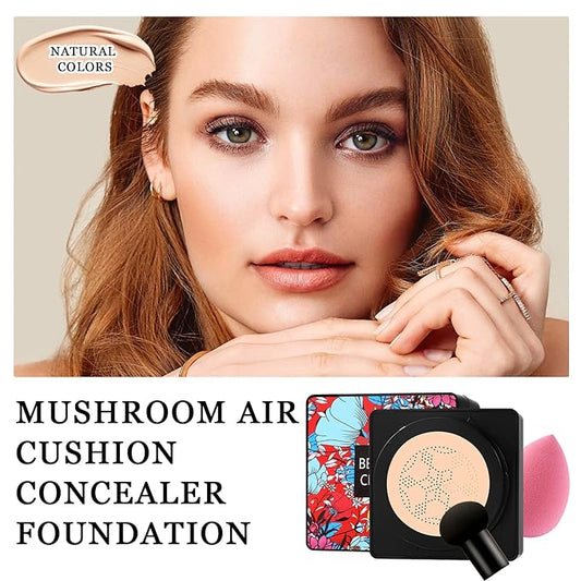 3PCS Mushroom Head Air Cushion CC Cream Foundation,Moisturizing BB Cream Foundation Makeup,Waterproof Full Coverage Foundation,Moisture Cushion CC Cream Concealer with 3 Makeup Sponges(Natural)