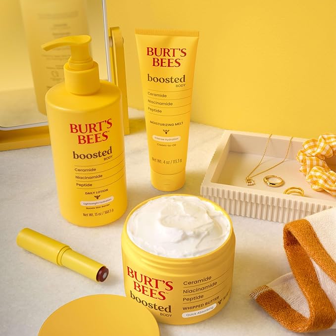 Burt's Bees Christmas Gifts, Boosted Body Moisturizing Melt With a Ceramide, Niacinamide and Peptide Complex, Intense Skin Hydration, Cream-to-Oil Body Lotion, Tropical Scented, 4 oz. Tube
