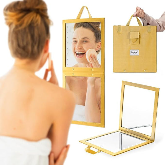 BRUN Adjustable Foldable Wall Mounted Rectangular Mirror, Touch Control, Dimmable, Crystal Clear Image, 15" x 15"