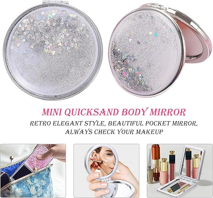 AKOAK 1 Pack Compact Mirror, Portable Quicksand Pocket Travel Makeup Mirror, Folding Hand-held Double Sided 1x/2x Magnifying Glass, Great Gift for Women and Girls (Silver)