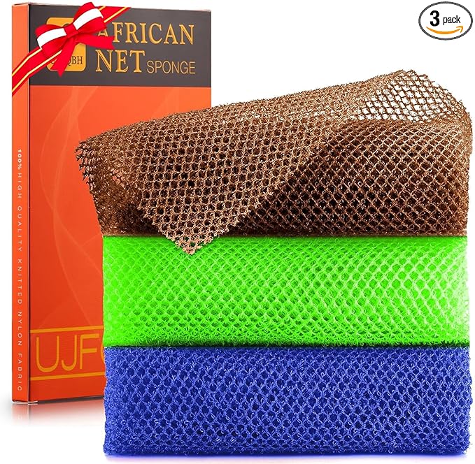 3 Pieces African Bath Sponge African Net Long Net Bath Sponge Exfoliating Shower Body Scrubber Back Scrubber Skin Smoother,Great for Daily Use (Brown、Blue、Green)