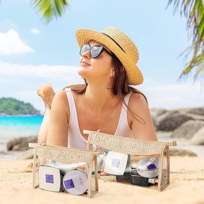 Boho Patch Cosmetic Bag - Summer Beach Swimming Pool Toiletry Makeup Bag Beige Clear Waterproof Travel Makeup Pouch PVC Zipper Clutch Daily Use Purse Summer Beach Gifts for Women Girls