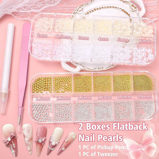 2 Boxes Flatback Pearls and Metal Nail Beads for Nail Art, Luxurious Pearl Nail Charms and Mixed Sizes Round Caviar Steel Beads Nail Accessories for Acrylic Nail Tips Manicure Decor
