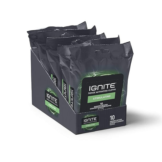 Ignite Mens Body Wet Wipes, Extra Thick 8" x 8" Shower Wipes, Stimulating Scent, 10 Count (Pack of 5)