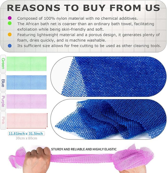 4 Pieces African Net Sponge – Deep Exfoliating Mesh Bath Scrubber for Silky Smooth Skin, Quick Drying & Long-Lasting, Great for Full Body & Back Scrubbing（Purple Green Blue Pink）