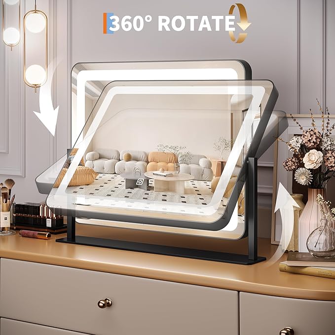 19.6"x15.7" Vanity Mirror with Lights, Large Lighted Mirror, LED Makeup Mirror with 3-Color Dimmable Modes and Smart Touch Control, Perfect for Desk or Bedroom, Vanity Desk Tabletop Makeup, White