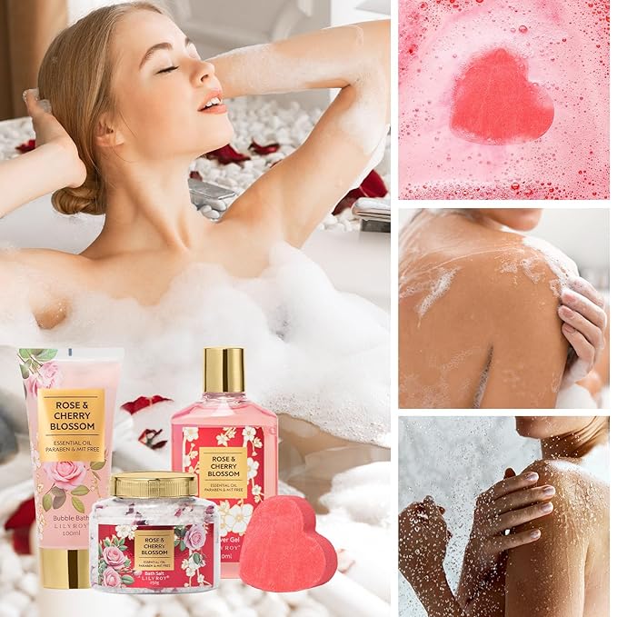 Bath and Body Gift Basket Set for Mothers Day - 9 Pcs Luxury Rose Spa Gift Basket Set for Women, Gift with Bath Bomb | Perfect Valentine's, Birthday, Christmas Gifts for Her, Gift for Mom All Occasion