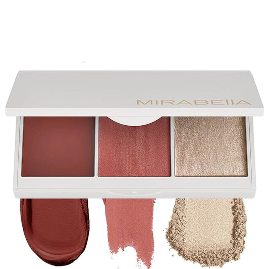 Mirabella Opulent Pro Face Trio Powder and Cream Blush Palette with Powder Highlighter, Lightweight & Buildable Color Blush for Cheeks Creates a Flawless, Radiant Look for All-Over Multi-Use