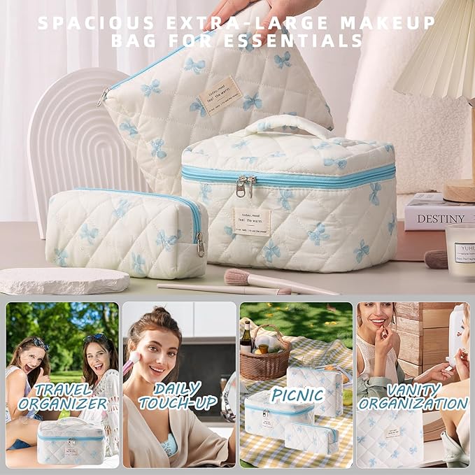 3 Piece Cute Blue Bow Quilted Makeup Bag Set, Large Capacity Travel Makeup Bags for Women and Girls, Includes Small, Medium, and Extra Large aesthetic makeup&Cosmetic Bags (3PCS-Blue Bow)