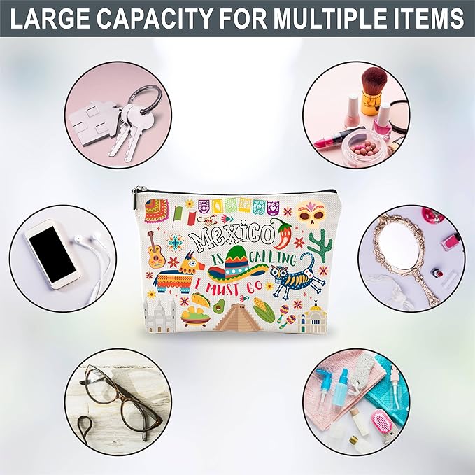 Mexico Souvenirs Cosmetic Bags For Women，Mexico Is Calling I Must Go, Makeup Organizer Bag, Toiletry Pouch, Small Travel Storage Bag, Mexico Themed Gifts, Women Essentials - D07