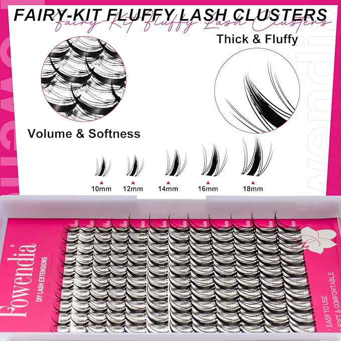 Fairy Lash Clusters Kit Fluffy Individual Lashes D Curl Cluster Eyelash Extensions 10-18mm DIY Lash Extension Kit Lash Bond and Seal Waterproof, Lash Applicator, Fairy-Kit