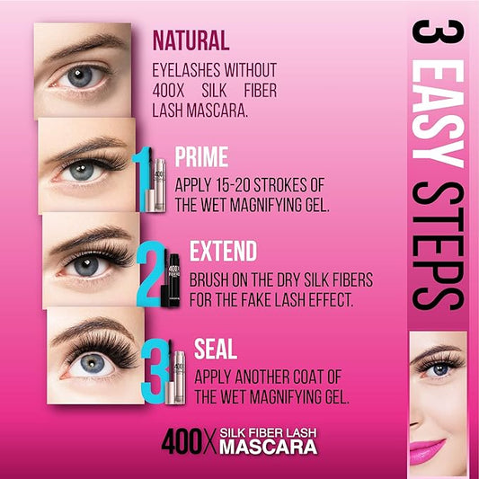 400X Pure Silk Fiber Lash Mascara [Ultra Black Volume and Length], Longer & Thicker Eyelashes. Waterproof, Long Lasting, Instant & Very Easy to Apply, Smudge-proof, Hypoallergenic