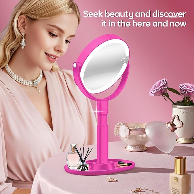 B Beauty Planet Makeup Mirror with Lights, Lighted Magnifying Mirror 20X with 3 Lighting and Adjustable Brightness, 2-Sided Height Adjustable Vanity Mirror for Bathroom, Gifts for Women Hot Pink
