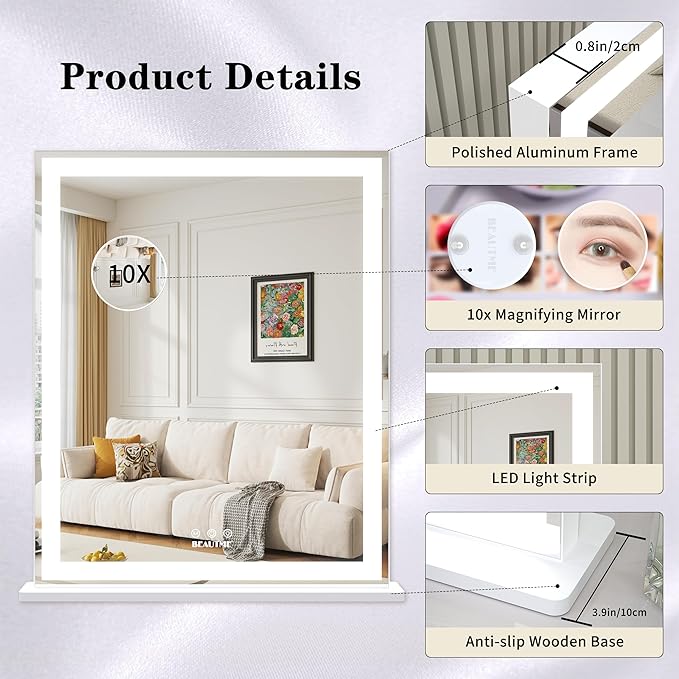 ANYHI Vanity Mirror with LED Light, 24"x20.5" Lighted Vanity Mirror with 10X Magnifying, 3 Color Modes, Dimmable, Smart Touch Control, Aluminum Frame, Tabletop/Wall Mount, White