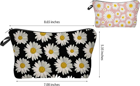 2 Pcs Cosmetic Bag for Women Small Make Up Bag Waterproof Travel Toiletries Pouch with Zipper for Organizing Small Items, Gift Bags for Birthday Christmas(Daisy Flower 1)