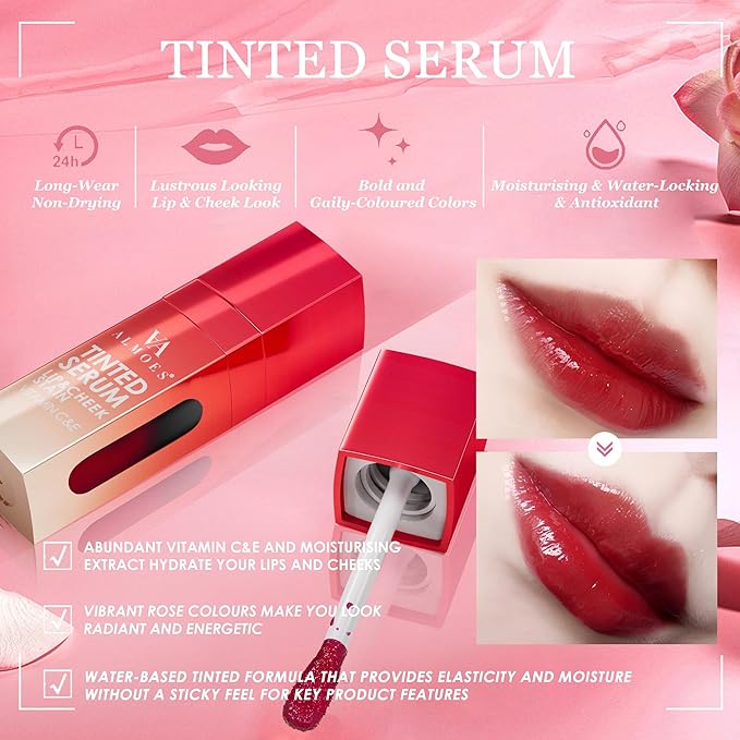 ALMOES Lips Stain,Rose Lips Tint Stain,Long-lasting Liquid Blush for High-Pigment Colour,Creates a Soft & Nourishing & Lustrous,Long-Lasting Wear,Dewy Finish, Moisturising Refreshing Tinted Serum