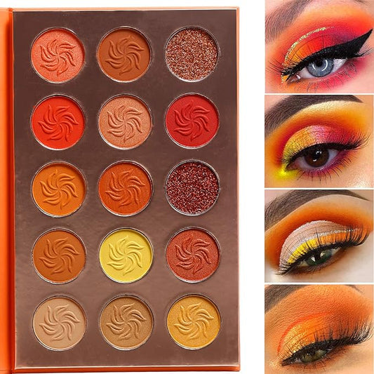 Afflano Red Orange Eyeshadow Palette Sunset 15 Color, Highly Pigmented Glam Fall Eye Shadow Makeup Palettes, Nudetude Brown Yellow Gold Orange Matte Glitter Shimmer Warm Eyeshadow Pallet