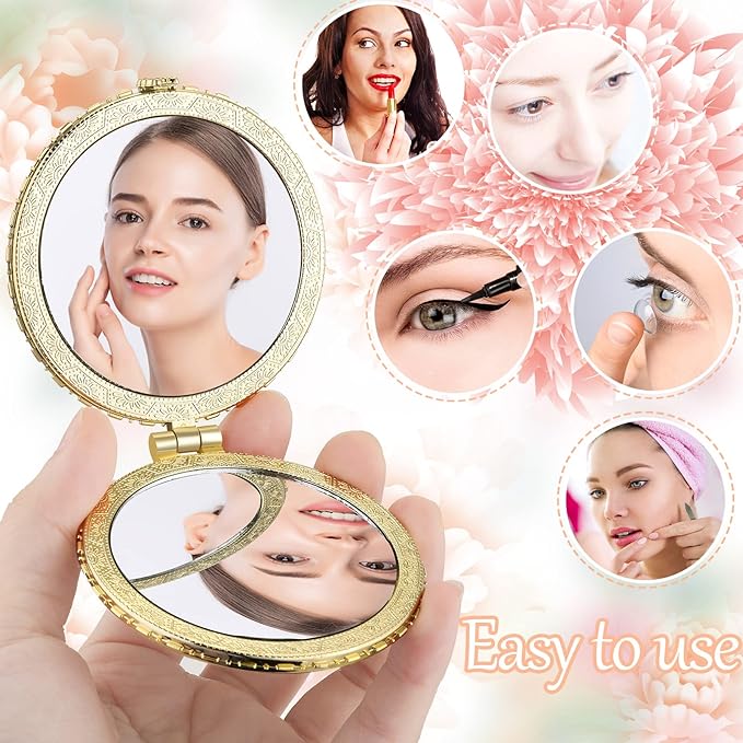 Blulu 16 Pcs Compact Mirror for Purse Small Flower Pocket Mirror Vintage Portable Floral Folding Tea Party Favors Birthday Gifts for Women Wedding Makeup Travel(Gold Edge)