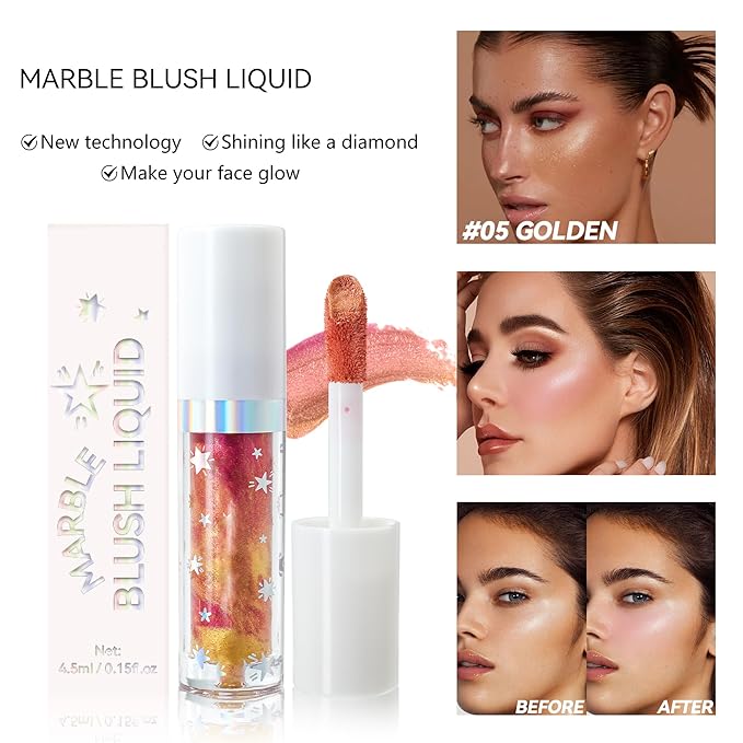 Marble Liquid Blush, Long-lasting Liquid Blush for Cheeks with High-pigment Color, Lightweight & Buildable Formula, Creates A Soft, Shimmery Finish (#06)
