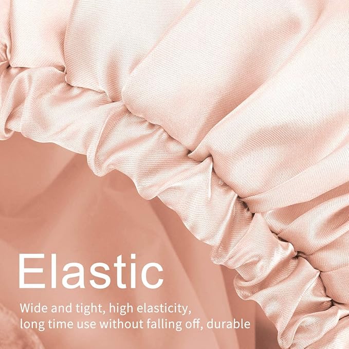 Auban Extra Large Shower Cap, Bowknot Double Layer Reusable Bath Hair Caps With Silky Satin for Women Beauty Bathing, Hair Spa, Home Hotel Travel Use (Beige)