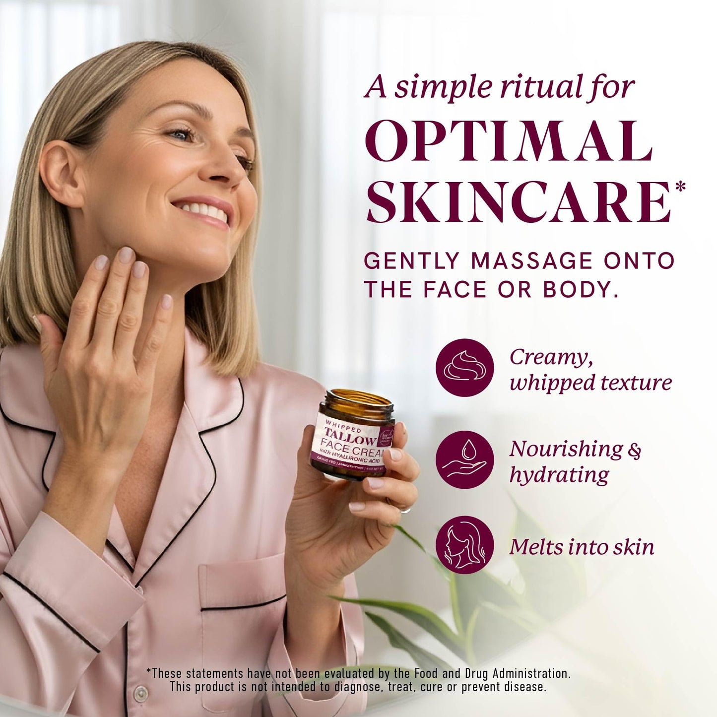 Beef Tallow Face Moisturizer for Women | With Hyaluronic Acid | Hydrating Whipped Beef Tallow for Skin Care for Women | With Jojoba & Sweet Almond Oil | Paraben & Cruelty-Free, Non-GMO | 4 oz