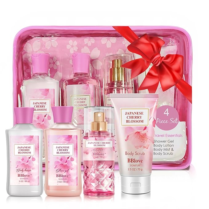 Bath and Body Gift Set for Women & Girls, Japanese Cherry Blossom, 4PCS Set for-Shower Gel, Body Lotion, Body Mist, Exfoliating Scrub, Body Care Travel Set for Birthday Mother's Day Gifts