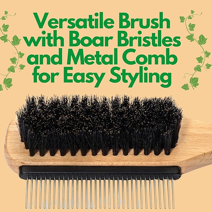 GranNaturals Boar Bristle Slick Back Hair Brush w/Comb for Smoothing Sleek Ponytail Bun - Wide Rat Tail & Metal Comb Hairbrush for Parting, Teasing, Backcombing, Sectioning, Edge Control, Flyaways