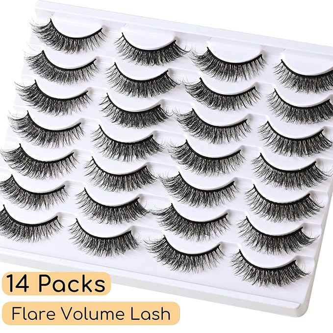 Lashes False Eyelashes Cat Eye Lashes Wispy 14 Pairs Fake Eyelash Natural Lash Strips Fluffy Fox Eye Lashes Pack Short Mink Strip Lashes Natural Look Wispies Cateye Lashes for Women